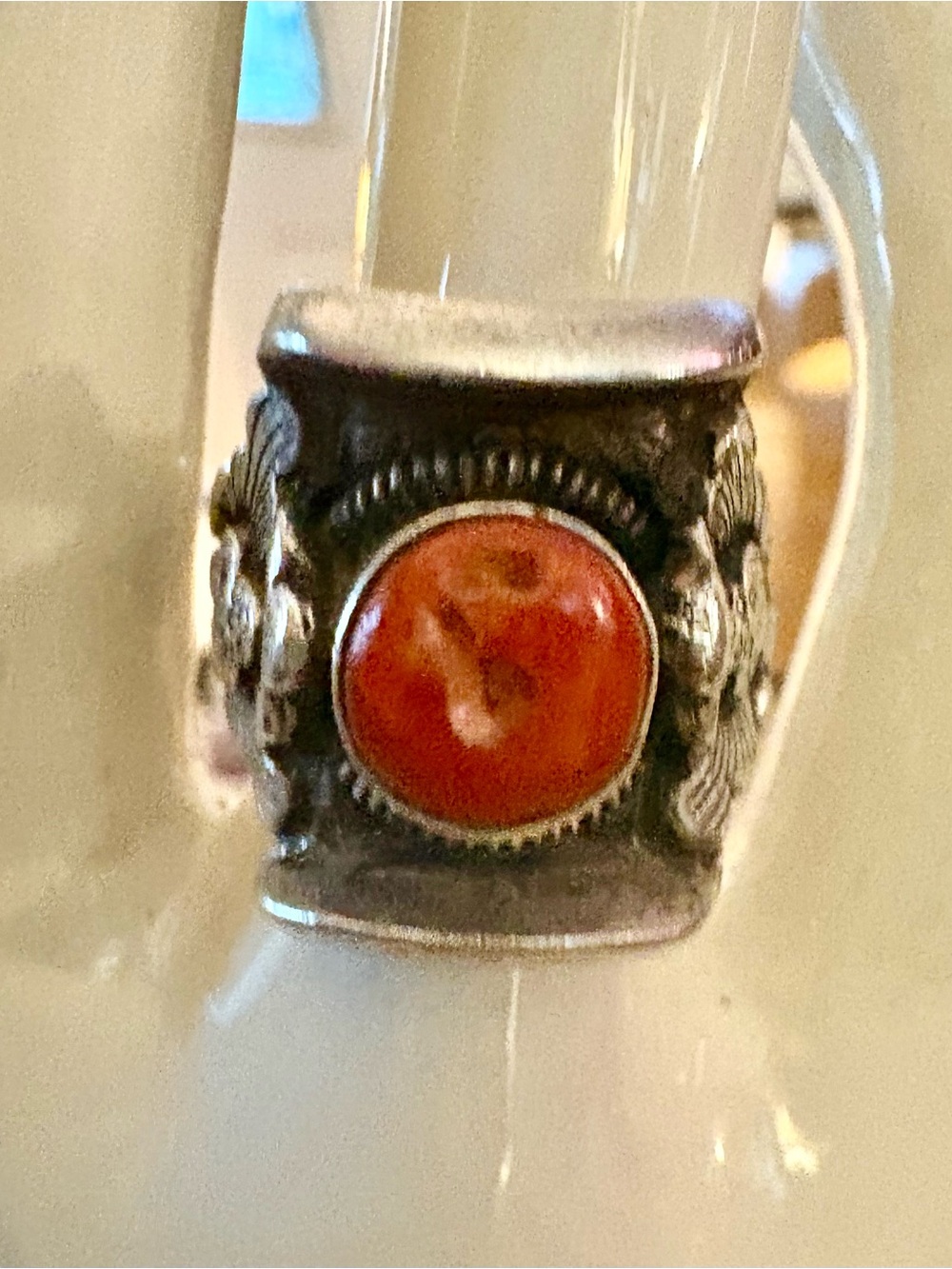 Antique sterling Tibetan saddle ring with coral beautiful detailing